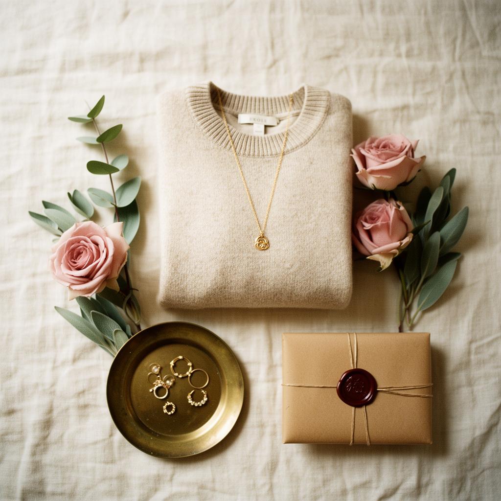 Editorial boutique flat lay — cashmere knit, gold jewelry, garden roses, and a wax-sealed gift package on ivory linen