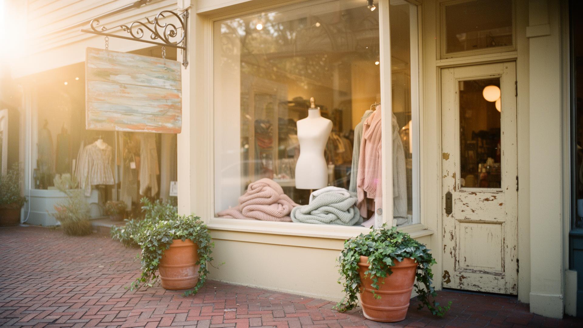Independent boutique storefront at golden hour with painted sign and terracotta planters